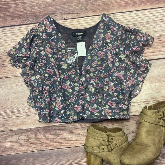 Floral cropped blouse; L - Picture 1 of 5